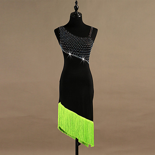 

Latin Dance Dress Tassel Split Joint Crystals / Rhinestones Women's Performance Sleeveless Natural Spandex