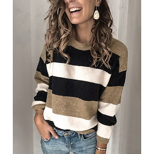 

Women's Striped Pullover Long Sleeve Loose Sweater Cardigans Round Neck Fall Winter Blue Yellow Wine