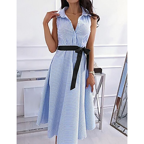 

Women's Shirt Dress Midi Dress Blue Sleeveless Striped Summer V Neck Streetwear 2021 S M L XL