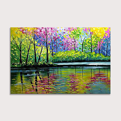 

100% Hand Painted Oil Paintings Abstract Landscape Modern Canvas Wall Art Knife Painting Park Green Forest Reflection Artwork Home Decorations for Living Room Bedroom Dining Room Wall Decor Rolled W