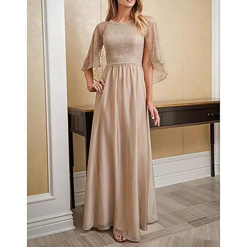 

A-Line Mother of the Bride Dress Elegant Jewel Neck Floor Length Chiffon Lace 3/4 Length Sleeve with Beading 2021