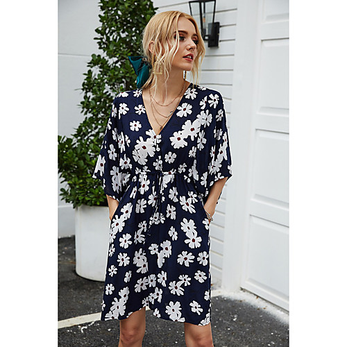 

Women's Sheath Dress Knee Length Dress Navy Blue Beige Half Sleeve Print Print Spring Summer V Neck Casual 2021 S M L XL