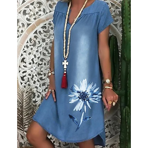 

Women's Denim Dress Knee Length Dress - Short Sleeve Floral Print Summer V Neck Casual 2020 White Navy Blue M L XL XXL XXXL