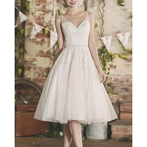 

A-Line Wedding Dresses V Neck Knee Length Lace Tulle Sleeveless Vintage 1950s with 2021