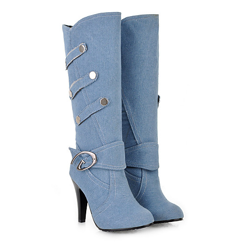 

Women's Boots Stiletto Heel Round Toe Knee High Boots Basic Casual Daily Cotton Solid Colored Black Blue Light Blue / Mid-Calf Boots