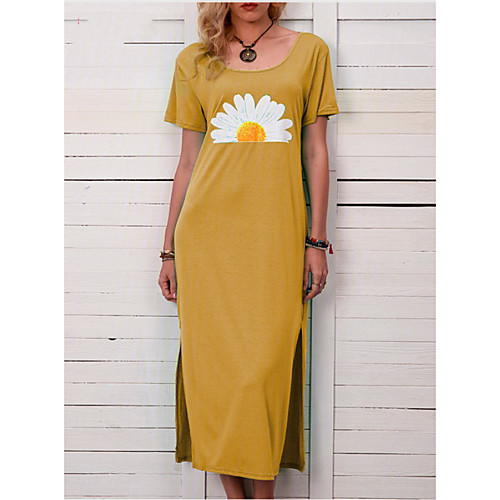 

Women's Shift Dress Midi Dress Yellow Green Short Sleeve Print Summer V Neck Casual Cotton 2021 S M L XL XXL 3XL