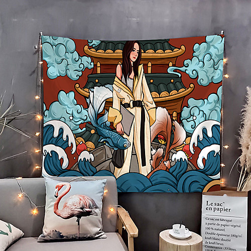 

Japanese Painting Style Ukiyo-e Wall Tapestry Art Decor Blanket Curtain Hanging Home Bedroom Living Room Decoration Girl Gold Fish Wave Animal