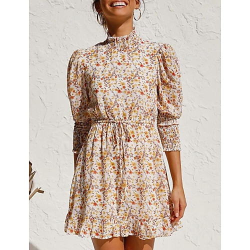 

Women's A Line Dress Short Mini Dress Beige 3/4 Length Sleeve Floral Print Summer Round Neck Mumu 2021 S M L XL