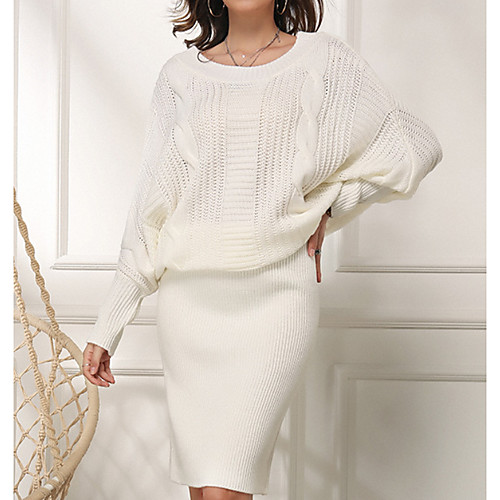 

Women's Sweater Jumper Dress Knee Length Dress White Green Long Sleeve Knitted Fall Winter Round Neck Hot Casual 2021 S M L XL