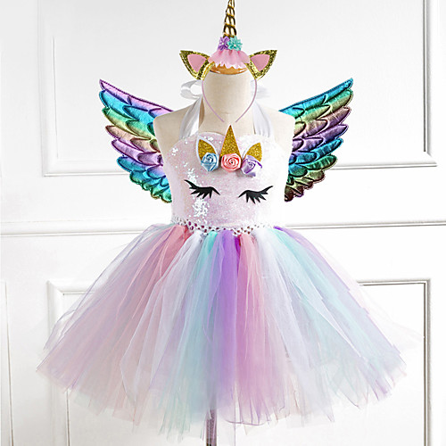

Unicorn Dress Girls' Movie Cosplay Vacation Dress New Year's Golden Silver Rainbow Dress Wings Headwear Christmas Halloween Carnival Polyester / Cotton Polyester