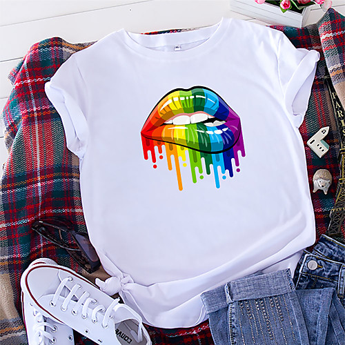 

Women's T shirt Rainbow Food Print Round Neck Tops 100% Cotton Basic Basic Top White Black Yellow