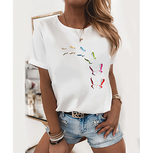 

Women's T shirt Butterfly Graphic Prints Round Neck Tops 100% Cotton Basic Top White