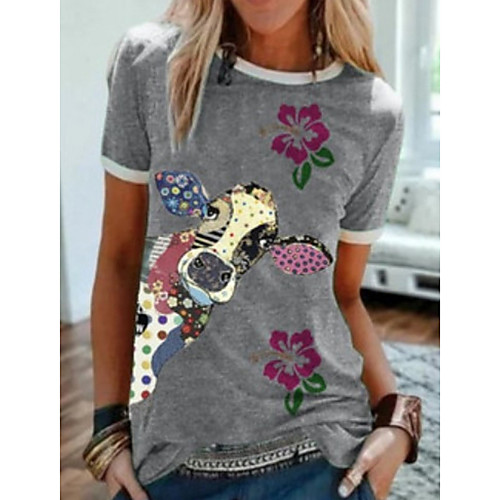 

Women's T shirt Cow Animal Round Neck Tops Basic Top Gray