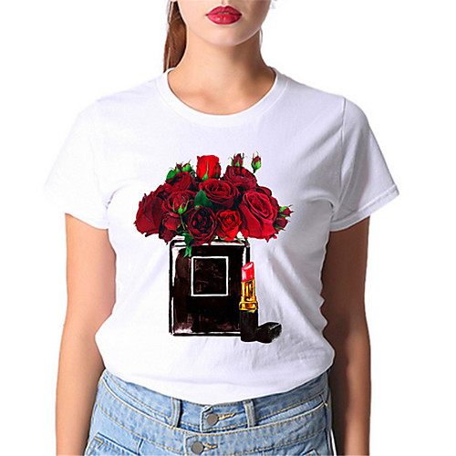 

Women's T-shirt Floral Flower Round Neck Tops Slim Basic Top Red Yellow Blushing Pink