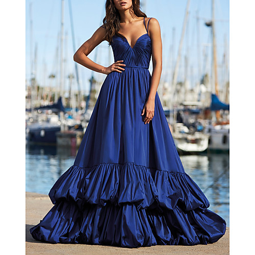 

A-Line Beautiful Back Elegant Engagement Formal Evening Dress Spaghetti Strap Sleeveless Sweep / Brush Train Taffeta with Pleats Tier 2021