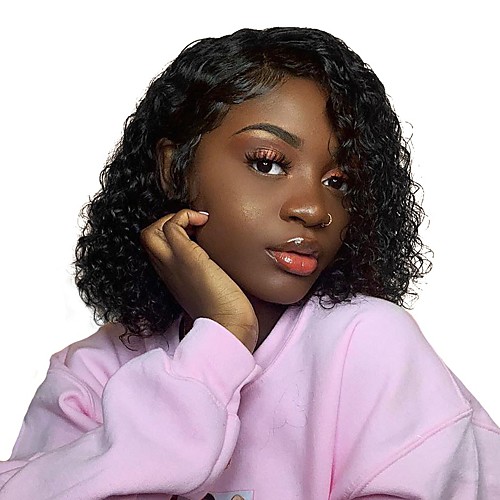 

Human Hair Lace Front Wig Side Part style Brazilian Hair Jerry Curl Loose Curl Black Wig 130% Density Classic Women Fashion Women's Short Medium Length Human Hair Lace Wig Clytie