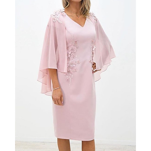 

Two Piece Sheath / Column Mother of the Bride Dress Elegant V Neck Knee Length Chiffon Lace 3/4 Length Sleeve with Appliques 2021