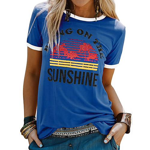 

Women's T shirt Letter Round Neck Tops Basic Top Blue Yellow Blushing Pink