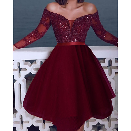 

A-Line Sparkle Sexy Homecoming Cocktail Party Dress Off Shoulder Long Sleeve Short / Mini Tulle with Sequin 2021