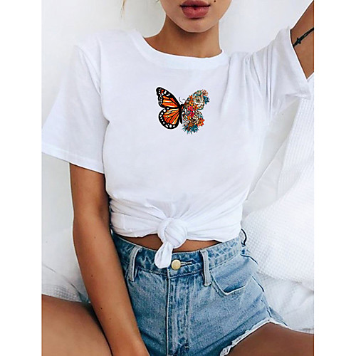 

Women's T-shirt Butterfly Graphic Prints Print Round Neck Tops 100% Cotton Basic Basic Top White Yellow Blushing Pink
