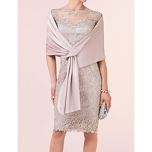 

Sheath / Column Mother of the Bride Dress Elegant Illusion Neck Knee Length Lace Satin Short Sleeve with Appliques 2021