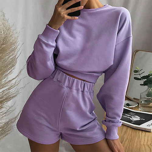 

Women's Sweatsuit 2 Piece Set Sweatshorts Pullover Sweatshirts Black High Waist Oversized Loose Fit Navel Crew Neck Solid Color Cute Sport Athleisure Shorts Outfits Top Clothing Suit Long Sleeve