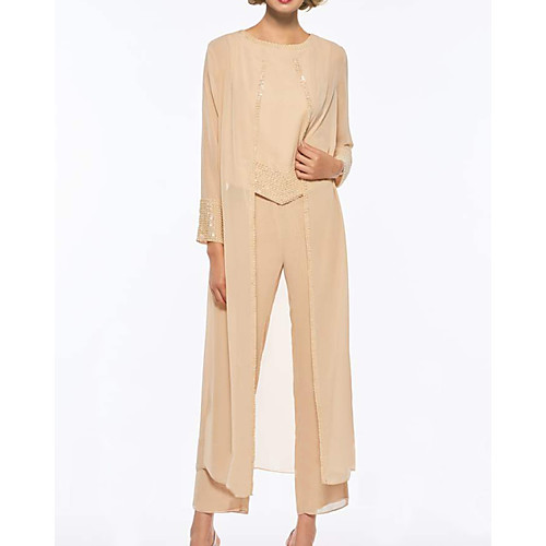 

Pantsuit / Jumpsuit Mother of the Bride Dress Elegant Jewel Neck Floor Length Chiffon Sleeveless with Sequin 2021