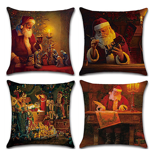 

4pcs Christmas Cushion Cover Santa Claus Decorative Throw Pillow Cover Faux Linen Pillowcases 18 x 18 inches/ 45 x 45 cm