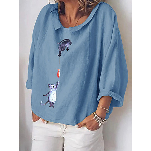 

Women's T shirt Animal Long Sleeve Round Neck Tops Basic Top Blue Green