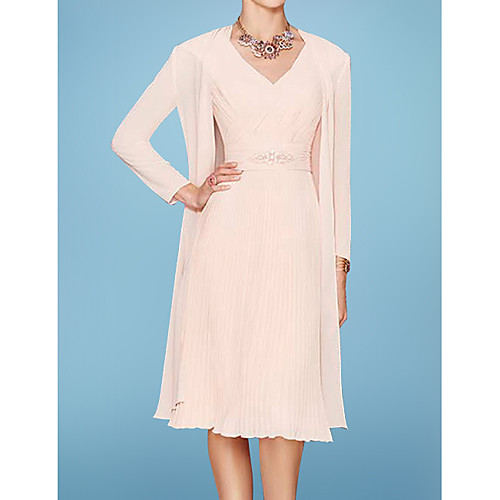 

Two Piece A-Line Mother of the Bride Dress Elegant V Neck Knee Length Chiffon 3/4 Length Sleeve with Sash / Ribbon Ruching 2021