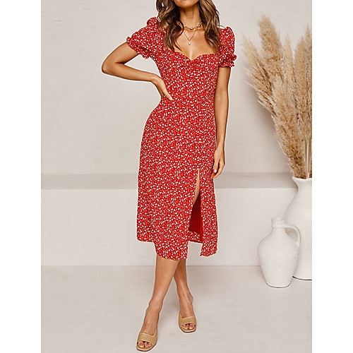 

Women's A Line Dress Knee Length Dress White Black Blue Red Short Sleeve Polka Dot Summer Square Neck Casual 2021 S M L XL XXL