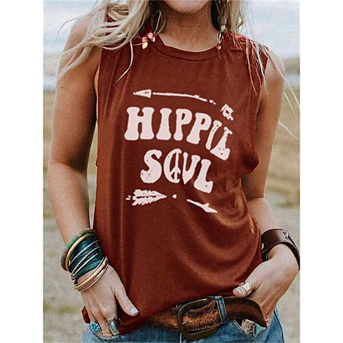 

Women's Tank Top Letter Print Round Neck Tops Loose Cotton Basic Basic Top Black Blue Wine