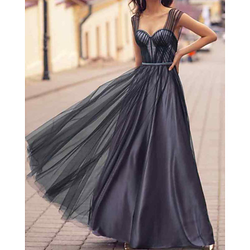 

A-Line Empire Elegant Engagement Prom Dress Sweetheart Neckline Sleeveless Floor Length Tulle Stretch Satin with Pleats 2021