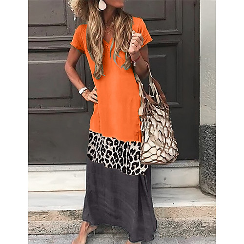 

Women's Shift Dress Maxi long Dress - Short Sleeve Leopard Color Block Summer V Neck Casual Vacation Holiday 2020 Black Orange Green Gray S M L XL XXL XXXL XXXXL XXXXXL