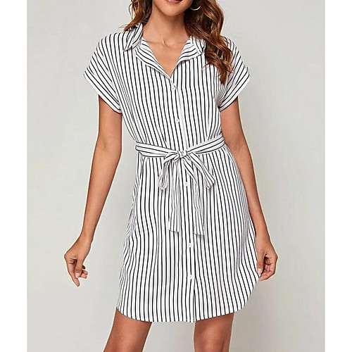 

Women's Shirt Dress Short Mini Dress Black Short Sleeve Striped Print Summer Shirt Collar Casual 2021 S M L XL