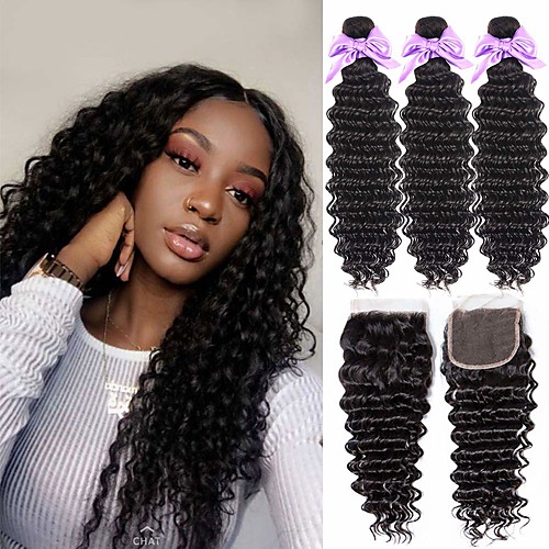 

3 Bundles with Closure Hair Weaves Peruvian Hair Deep Wave Human Hair Extensions Remy Human Hair 100% Remy Hair Weave Bundles 345 g Natural Color Hair Weaves / Hair Bulk Human Hair Extensions 8-24