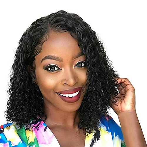 

Human Hair Lace Front Wig Side Part style Peruvian Hair Loose Curl Black Wig 130% Density Classic Women Fashion Women's Short Human Hair Lace Wig Clytie