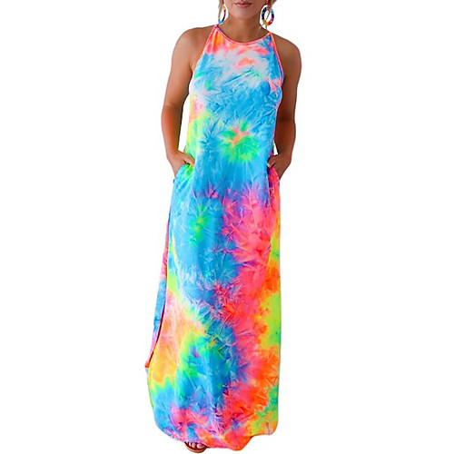

Women's Strap Dress Maxi long Dress Rainbow Sleeveless Tie Dye Summer Round Neck Casual 2021 S M L XL