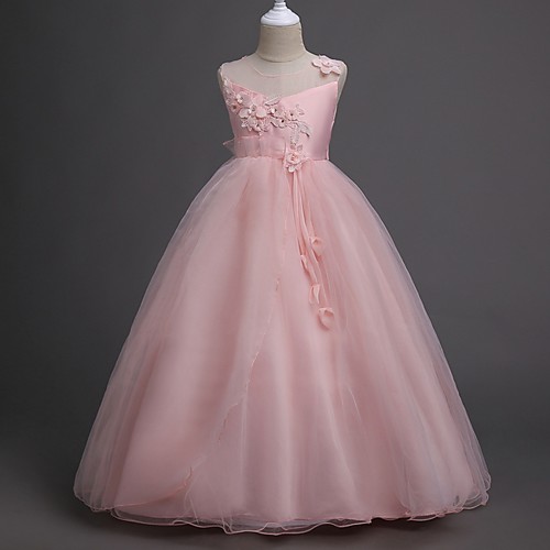 

Princess / Ball Gown Floor Length Wedding / Party Flower Girl Dresses - Tulle Sleeveless Illusion Neck with Bow(s) / Appliques