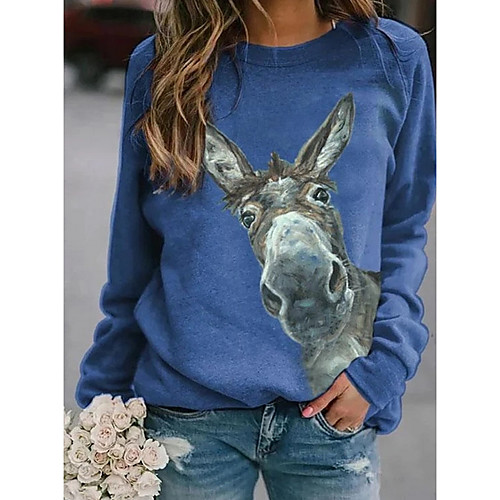 

Women's T shirt Animal Long Sleeve Round Neck Tops Basic Top Blue Red Yellow