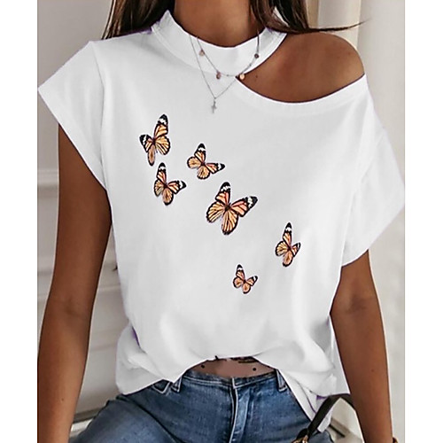 

Women's T shirt Butterfly Graphic Prints Printing Round Neck Tops Basic Top White Blue Purple