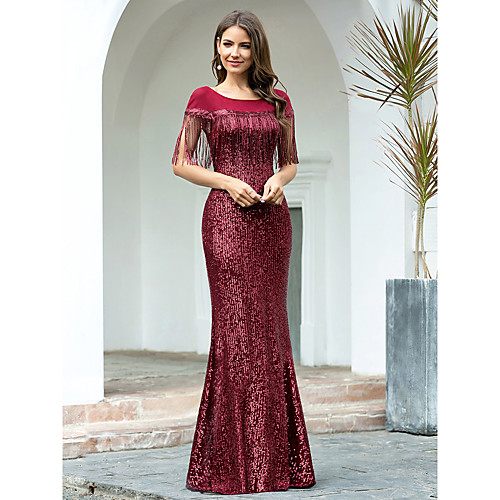 

Mermaid / Trumpet Sparkle Elegant Wedding Guest Formal Evening Dress Jewel Neck Short Sleeve Floor Length Sequined with Sequin Tassel 2021