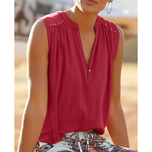 

Women's T-shirt Solid Colored V Neck Tops Loose Cotton Basic Top Black Fuchsia