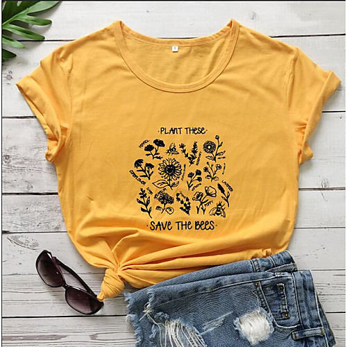 

Women's T shirt Graphic Text Graphic Prints Print Round Neck Tops 100% Cotton Basic Basic Top Yellow Green