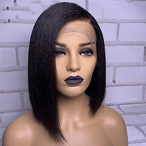 

Remy Human Hair 4x13 Closure Lace Front Wig Short Bob style Brazilian Hair kinky Straight Natural Wig 150% Density Classic Women Hot Sale Middle Part Bob Natural Hairline Women's Short Human Hair