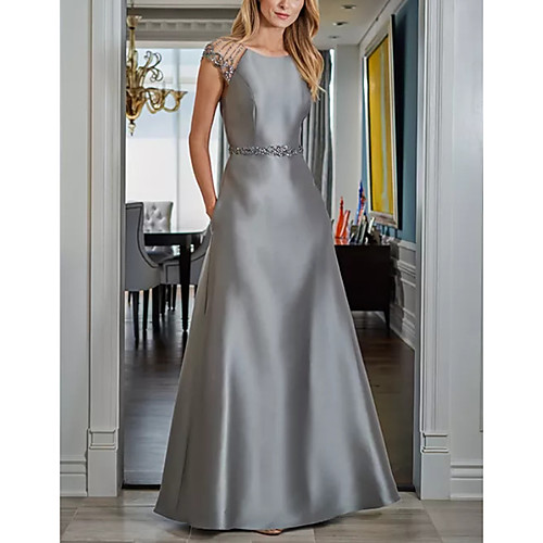 

A-Line Mother of the Bride Dress Elegant Jewel Neck Floor Length Satin Short Sleeve with Sash / Ribbon Beading 2021