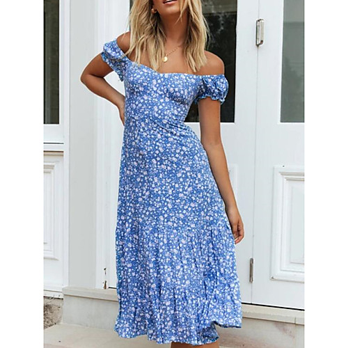 

Women's Swing Dress Midi Dress Blue Short Sleeve Geometric Summer Off Shoulder Casual 2021 S M L XL XXL 3XL 4XL 5XL