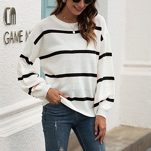 

Women's Striped Pullover Long Sleeve Sweater Cardigans Round Neck Black Red