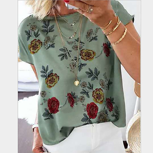 

Women's T-shirt Floral Flower Round Neck Tops Loose Basic Top Purple Green