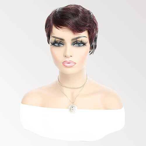 

Remy Human Hair Wig Short Wavy Pixie Cut Burgundy Fashion Capless Brazilian Hair Women's Dark Wine